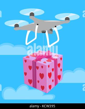Drone delivery Valentine Day romantic gift box pink heart. Vector illustration. Love present ribbon in blue sky clouds qudrocopter quadcopter shipping Stock Vector
