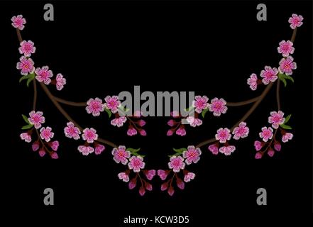 Embroidery branch of pink cherry blossoms on a black background. sakura flowers. Spring in Japan. vector illustration. Stock Vector