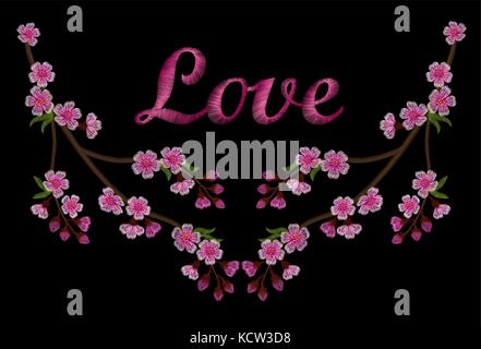 Embroidery branch of pink cherry blossoms on a black background. sakura flowers. Spring in Japan. love. vector illustration. Stock Vector