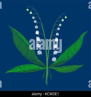 The composition of white lilies of the valley green leaves of spring flowers beautiful embroidery on a blue background vector illustration Stock Vector