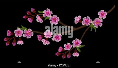 Embroidery branch of cherry blossoms on a black background. pink flowers. Spring in Japan. vector illustration. sakura Stock Vector