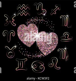 Love Horoscope for all zodiac signs. two pink sparkling gold hearts on a black background. shiny symbols. stars. vector illustration Stock Vector