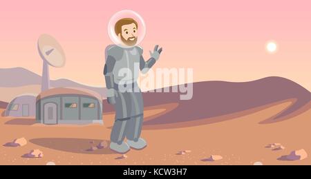 Space colonization panorama. Colony on other planet. Rounded lineart. astronaut on Mars. Stock Vector