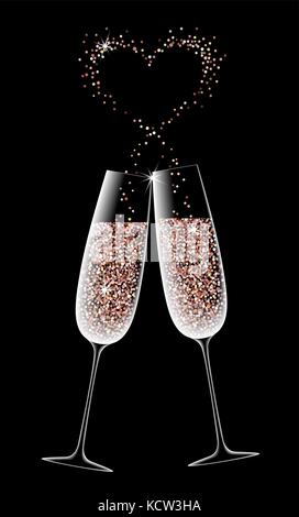 Two glasses of sparkling champagne on a black background. pink gold. shining heart. symbol romantic dinner. vector illustration Stock Vector