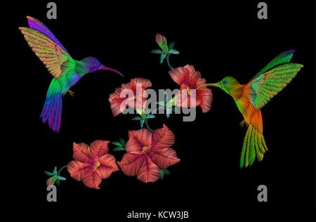 Embroidery klobri birds fly over petunias flowers on a black background. fashionable clothing decoration. traditional patterns. vector illustration Stock Vector