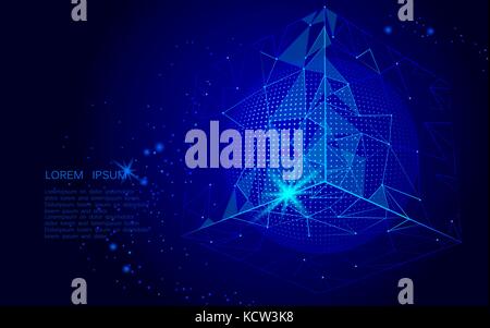 Abstract space polygonal art. Triangle cube and globe. Dark blue night sky space universe background isometric connected dots line point vector illust Stock Vector