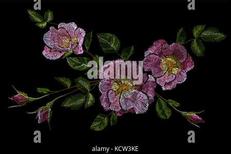 Wild pink rose embroidery crewel. Fashion closing decoration dog rose delicate white vintage color. Blooming flower blossom vector illustration Stock Vector