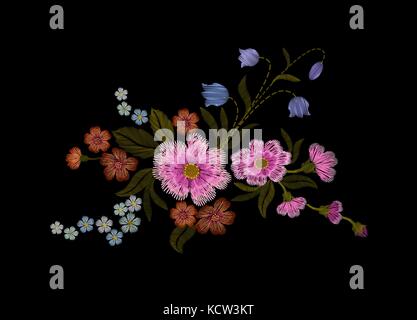 Delicate pink rose and buds on a black background. Vintage postcard. old watercolor. Traditional embroidery. vector illustration Stock Vector