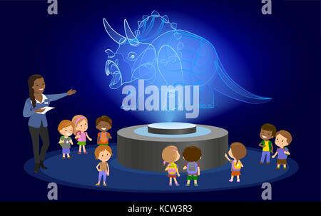 Innovation education elementary school african brown skin black hair group of kids hologram on future museum center. vector illustration. dinosaur 3d Stock Vector