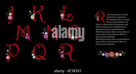 Embroidery vintage Latin English alphabet set. Initial drop cap decorative flowers. Capital font ornate red vector illustration letters embroidered j  Stock Vector
