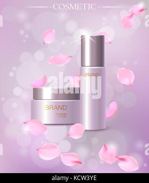 Elegant cherry blossom cosmetic ads, top view of two exquisite bottles with sakura branches isolated on ripples background in 3d illustration Stock Vector