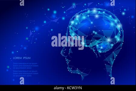 Concept of Active Human Brain with Binary Code Stream. Human Brain Covered with fall of Binary Numbers. Technology Low Poly Design of Human Brain. Bra Stock Vector