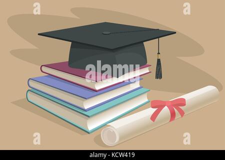 Black graduation cap, mortarboard and diploma scroll, made with gradient mesh book Stock Vector