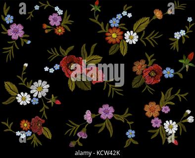 Embroidery colorful floral pattern with dog roses and forget me not flowers. Vector traditional folk fashion ornament on black seamless background. Stock Vector