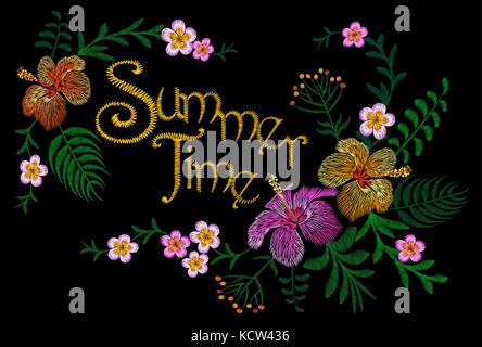Embroidery floral patch. Summer exotic tropical flower decoration. Fashion textile print. Plumeria hibiscus Hawaiian symbols. Detailed hand drawn lettering vector illustration Stock Vector