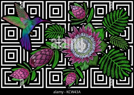 Hummingbird around flower protea exotic tropical summer blossom. Embroidery fashion patch decoration textile print black white stripe geometric background template Stock Vector