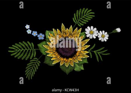 Embroidery colorful floral pattern sunflower daisy and forget me not flowers. Vector traditional folk fashion ornament patch black seamless background. Stock Vector