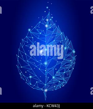 Connected dots point line triangle leaf. Eco nature concept blue background lights geometric poligonal low poly icon template vector illustration Stock Vector
