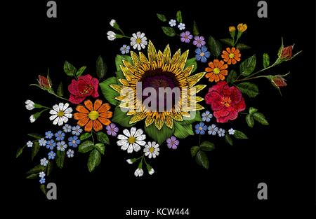 Embroidery flower bouquet sunflower dog rose briar daisy forget-me-not gerbera. Blooming field plant arrangement. Fashion patch stitch textile print on black background vector illustration Stock Vector