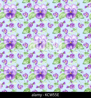 Illustration in watercolor of a pansy flower. Floral card with flowers. Botanical illustration seamless pattern. Stock Photo