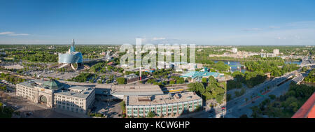 Aerial view of Union Train Station, The Canadian Museum for Human Rights and the St. Boniface district, Winnipeg, Manitoba, Canada Stock Photo