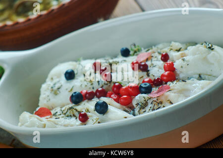 Scandinavian cuisine. Traditional assorted Scandinavian  dishes, Top view. Northern European  food Stock Photo