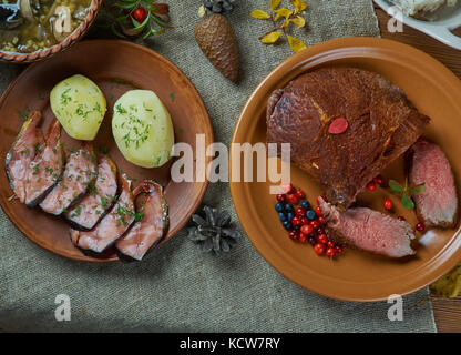 Scandinavian cuisine. Traditional assorted Scandinavian  dishes, Top view. Northern European  food Stock Photo