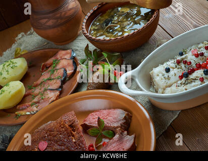 Scandinavian cuisine. Traditional assorted Scandinavian  dishes, Top view. Northern European  food Stock Photo