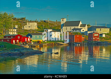 Reflection of village in  in Bonavista Bay, Salvage, Newfoundland & Labrador, Canada Stock Photo