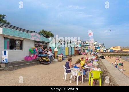 Walton Beach promenade and beach huts, Walton-on-the-Naze, Essex, England, United Kingdom Stock Photo