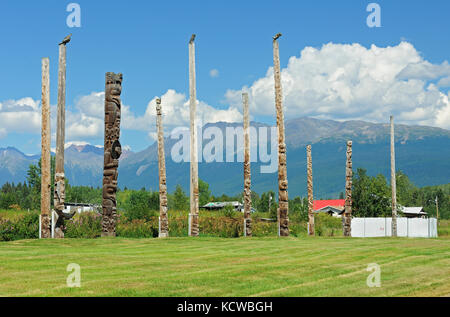 Kispiox Totem Poles. Gitxsan village. Northwest Coast First Nations. Kispiox Valley. , Kispiox, British Columbia, Canada Stock Photo