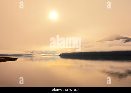 Skeena River in morning fog, Near Prince Rupert, British Columbia, Canada Stock Photo