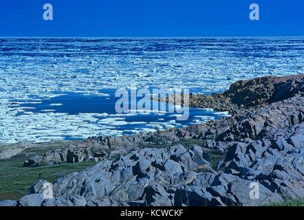 Ice on rocky shore Hudson Bay, Churchill, Manitoba, Canada Stock Photo