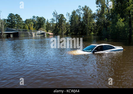 The Flooded town of Nichols S.C., heavy rains caused by Hurricane Matthew flooded the town which caused the evacuation of all its residents, Oct. 10, 2016. Governor Nikki Haley declared a State of Emergency Oct. 4, 2016 and the National Guard was called up to support state and county emergency management agencies and local first responders with coastal evacuations.  (U.S. Air National Guard photo by Tech. Sgt. Jorge Intriago) Stock Photo