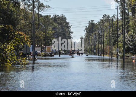 The Flooded town of Nichols S.C., heavy rains caused by Hurricane Matthew flooded the town which caused the evacuation of all its residents, Oct. 10, 2016. Governor Nikki Haley declared a State of Emergency Oct. 4, 2016 and the National Guard was called up to support state and county emergency management agencies and local first responders with coastal evacuations.  (U.S. Air National Guard photo by Tech. Sgt. Jorge Intriago) Stock Photo