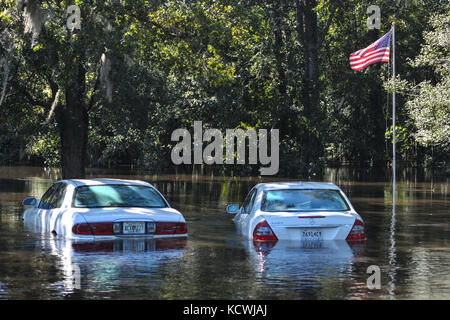 The Flooded town of Nichols S.C., heavy rains caused by Hurricane Matthew flooded the town which caused the evacuation of all its residents, Oct. 10, 2016. Governor Nikki Haley declared a State of Emergency Oct. 4, 2016 and the National Guard was called up to support state and county emergency management agencies and local first responders with coastal evacuations.  (U.S. Air National Guard photo by Tech. Sgt. Jorge Intriago) Stock Photo