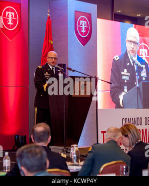 U.S. Army Maj. Gen. Robert E. Livingston, Jr., the adjutant general for South Carolina, speaks at the Colombian Army Transformation Symposium, Bogota, Colombia, Aug. 5, 2016.  Livingston’s topic was the advantages of having a reserve force and challenges of developing a robust reserve component.  The South Carolina National Guard and the Colombian military began the State Partnership relationship in July 2012 and have continued to deepen the partnership. (Photo by Sgt. Brian Calhoun, 108th Public Affairs Det.) Stock Photo