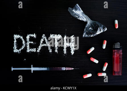 Drug addiction is shown in various articles used by drug addicts and various types of drugs. Anti-drug concept. Stock Photo