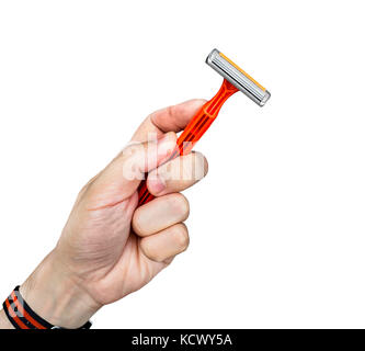 Hand with shaving razor isolated on a white background. bright orange razor Stock Photo