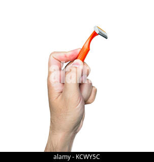 Hand with shaving razor on a white background. bright orange razor Stock Photo