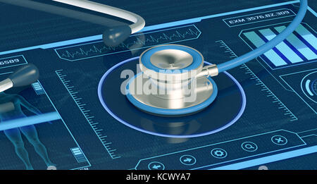 futuristic app interface for medical and scientific purpose, with a stethoscope, close-up (3d render) Stock Photo