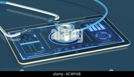 futuristic app interface for medical and scientific purpose, with a stethoscope (3d render) Stock Photo