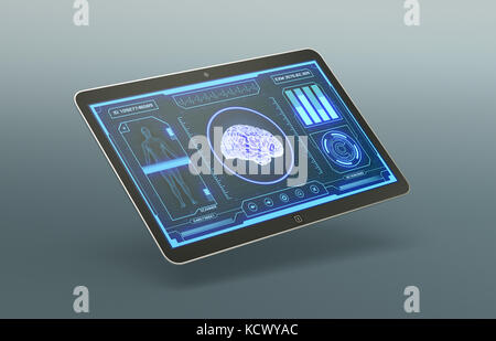 tablet pc with a futuristic app interface for medical and scientific purpose, human brain scanner (3d render) Stock Photo