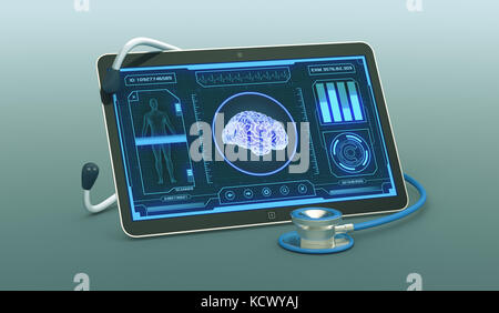 tablet pc with a futuristic app interface for medical and scientific purpose, human brain scanner (3d render) Stock Photo