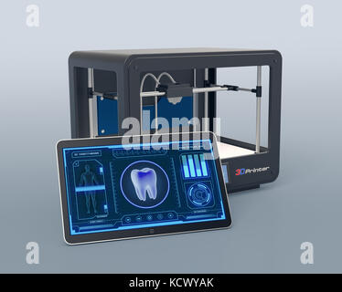 tablet pc with futuristic medical app and a 3d printer, concept of artificial organs (3d render) Stock Photo