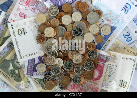 Bulgarian lev money banknotes stacked and photographed from above. Paper money and coins Stock Photo