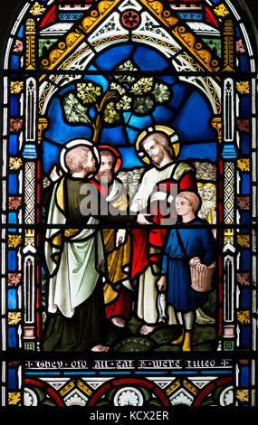 Feeding the Multitude stained glass, All Saints Church, Luddington, Warwickshire, England, UK Stock Photo