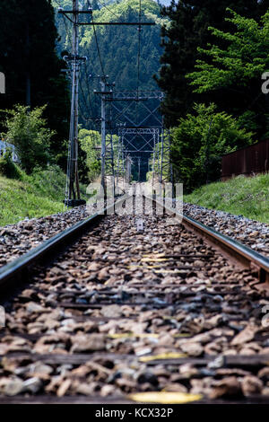 Railroad vanishing into the distant forests in Chichibu. Stock Photo