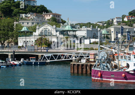 Fishing boat and gear in the harbour and marina at Torquay, Torbay, Devon. Princess Pavilion and promenade, boardwalk, slipway and moorings Stock Photo