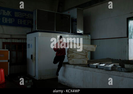 A worker at the Kambala Balik which is the name of the largest fish factory in Aralsk. Fish are sorted, washed and get frozen. When refrigerated truck Stock Photo